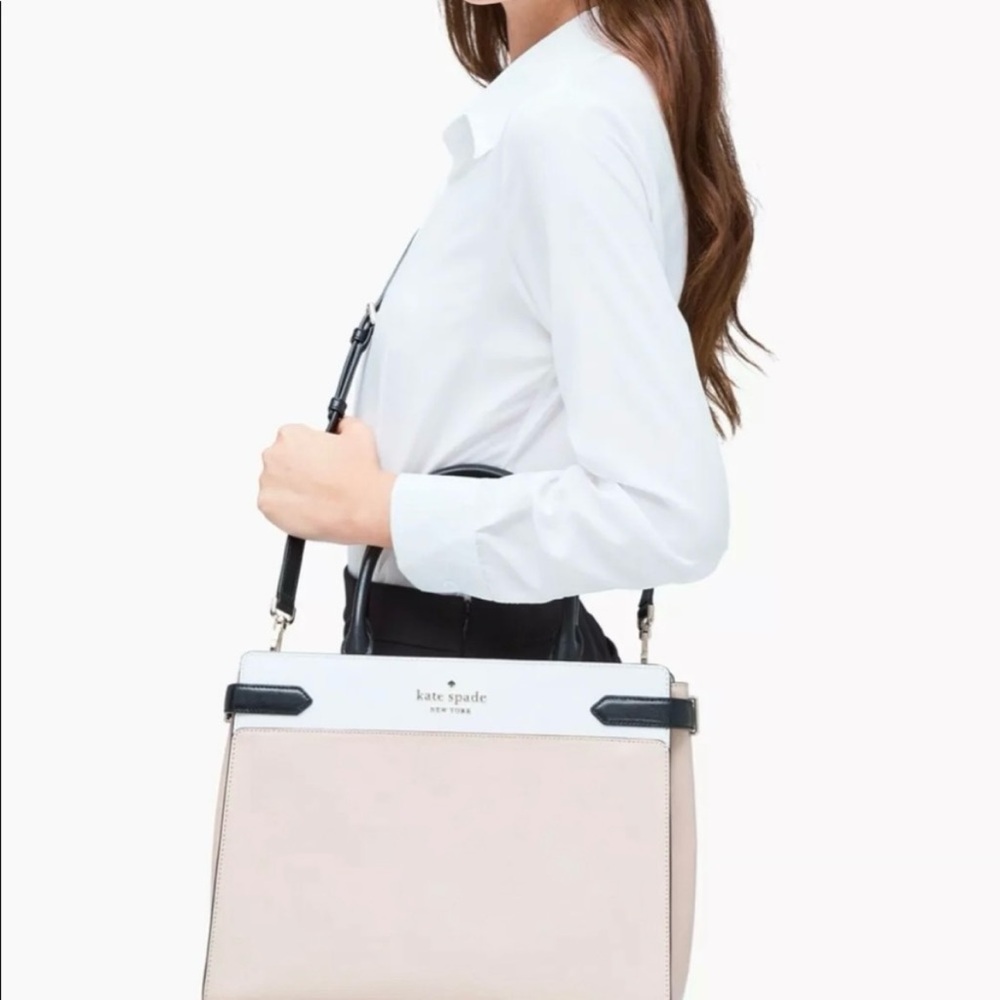 Kate Spade Medium Satchel Purse Staci Colorblock WKRU6952 Black Cream Tan White - Picture 3 of 12